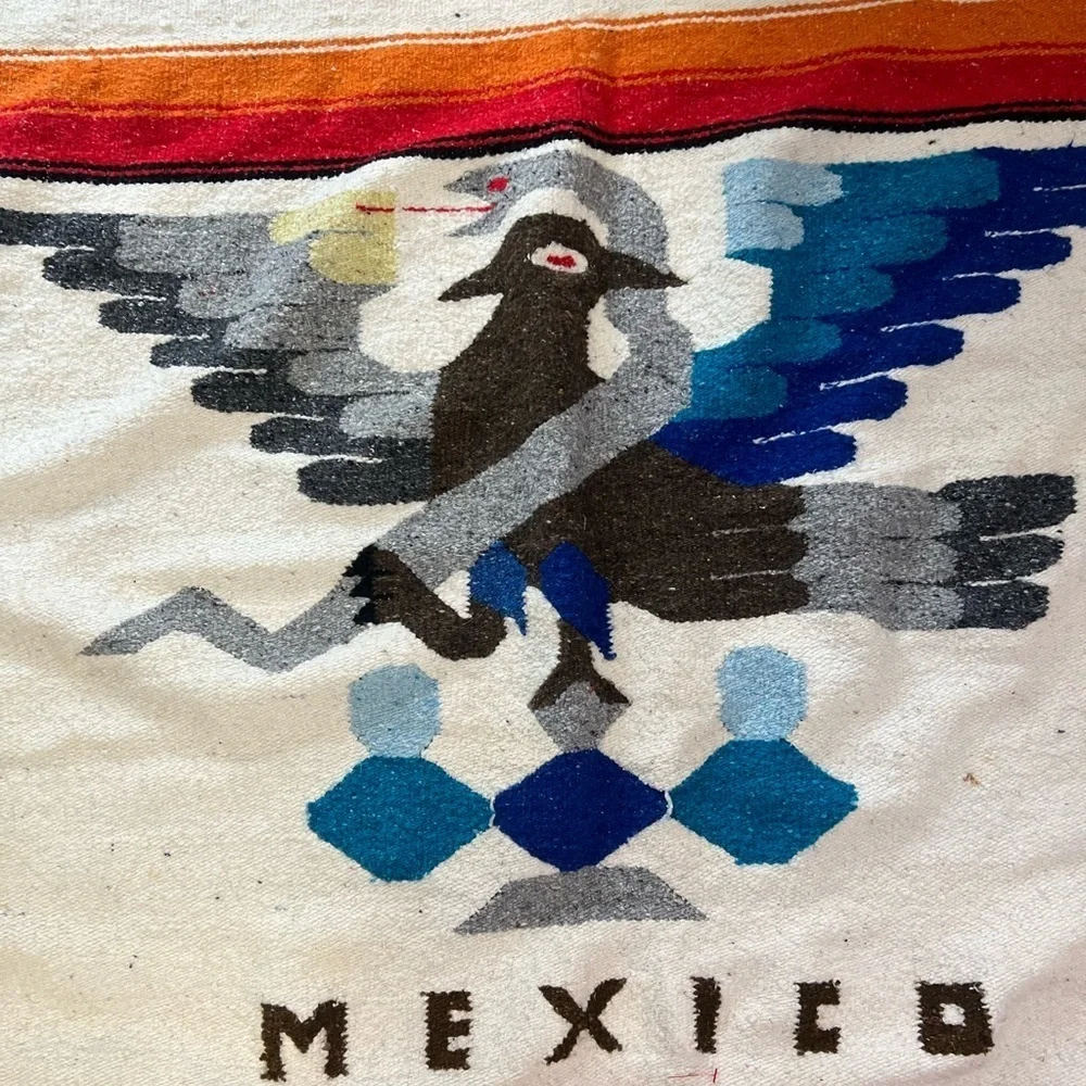 Vintage Hand Woven Mexican Aztec Snake Eagle Bird Blanket Rug Fringe 70”x40”